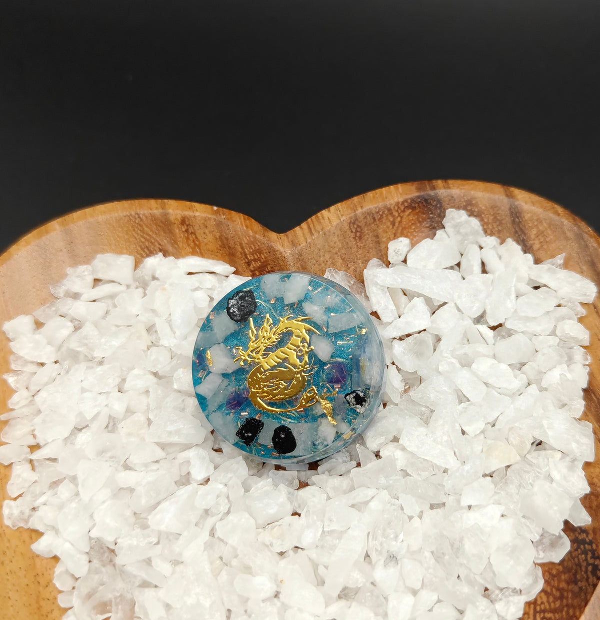 Taschenorgonit in blau mit goldfarbenem Drache