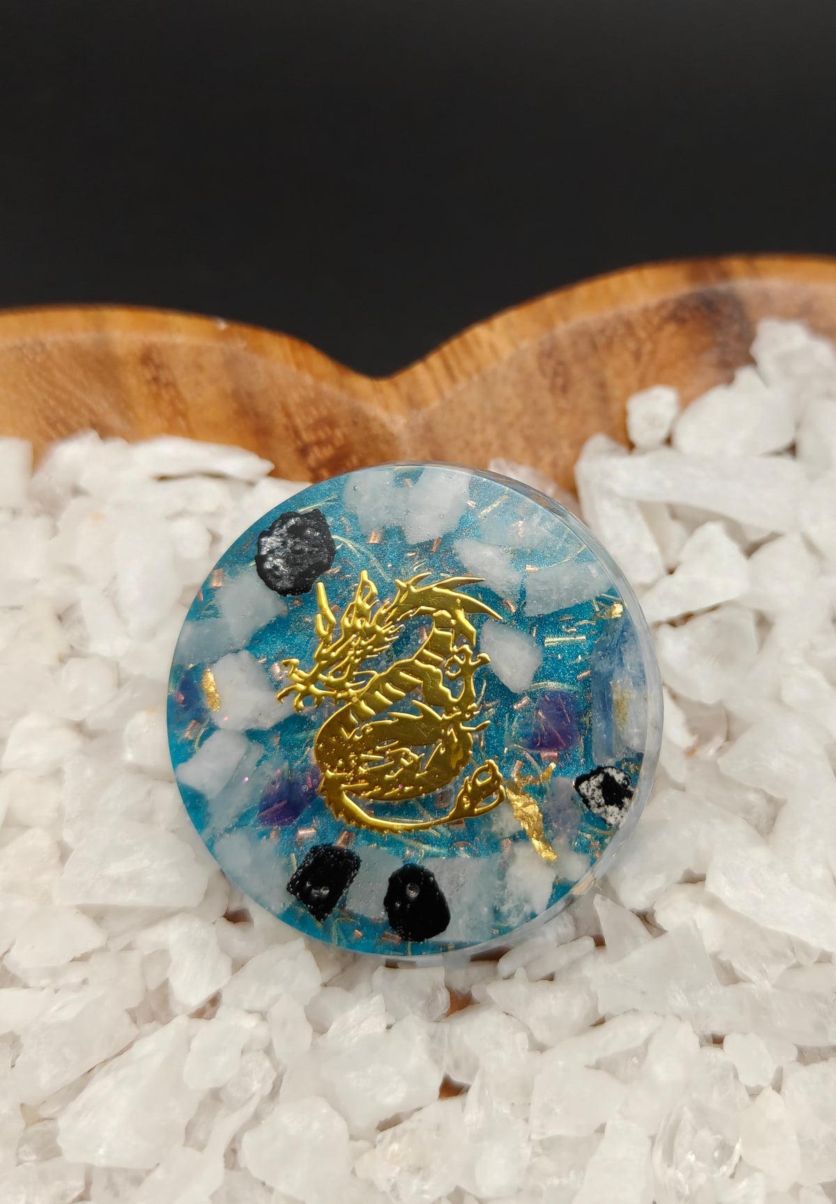 Taschenorgonit in blau mit goldfarbenem Drache