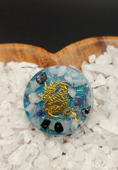 Taschenorgonit in blau mit goldfarbenem Drache