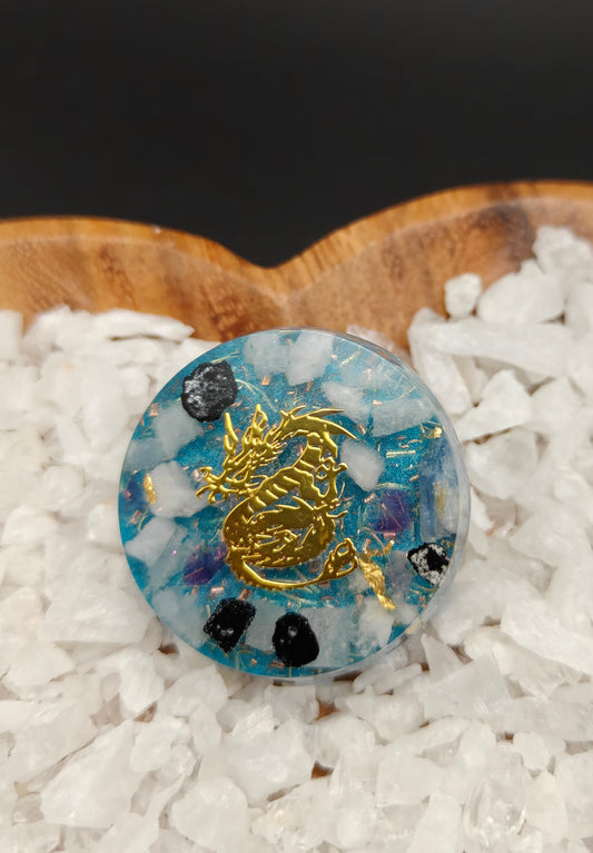 Taschenorgonit in blau mit goldfarbenem Drache